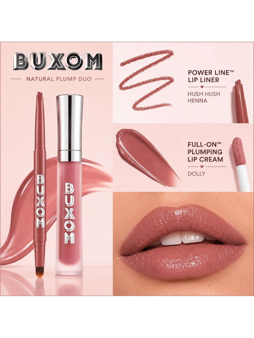 Buxom Lip Liner & Plumping Cream Duo Hush Hush Henna & Dolly New in Box